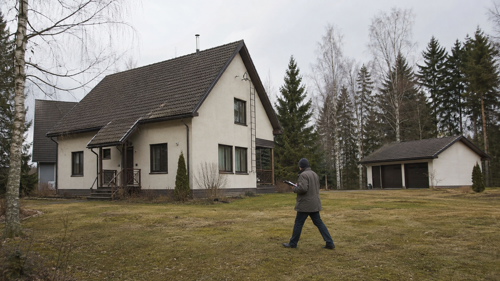 Kuntotarkastaja kiertää muistiinpanovälineiden kanssa 1990-luvun omakotitalon pihalla, taustalla erillinen autotalli.