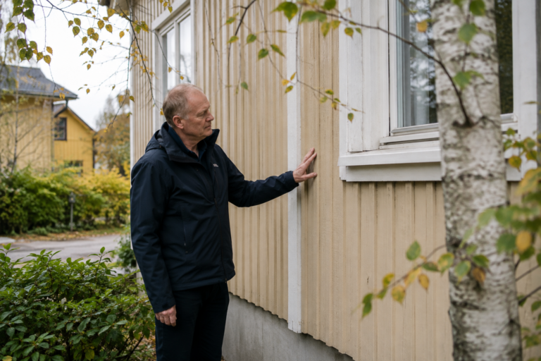 Kuntotarkastaja tarkastaa omakotitalon puujulkisivua ja ikkunan liittymää ulkoa.